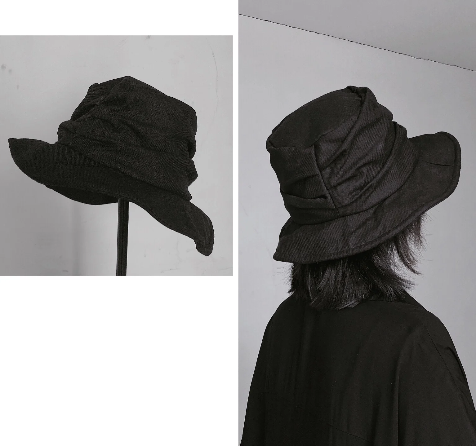 

Dark Style Cotton Fishing Cap Men Women Pure Cotton Pleated Bucket Hat Street Style Summer Wide Brim round Top Couples Hat