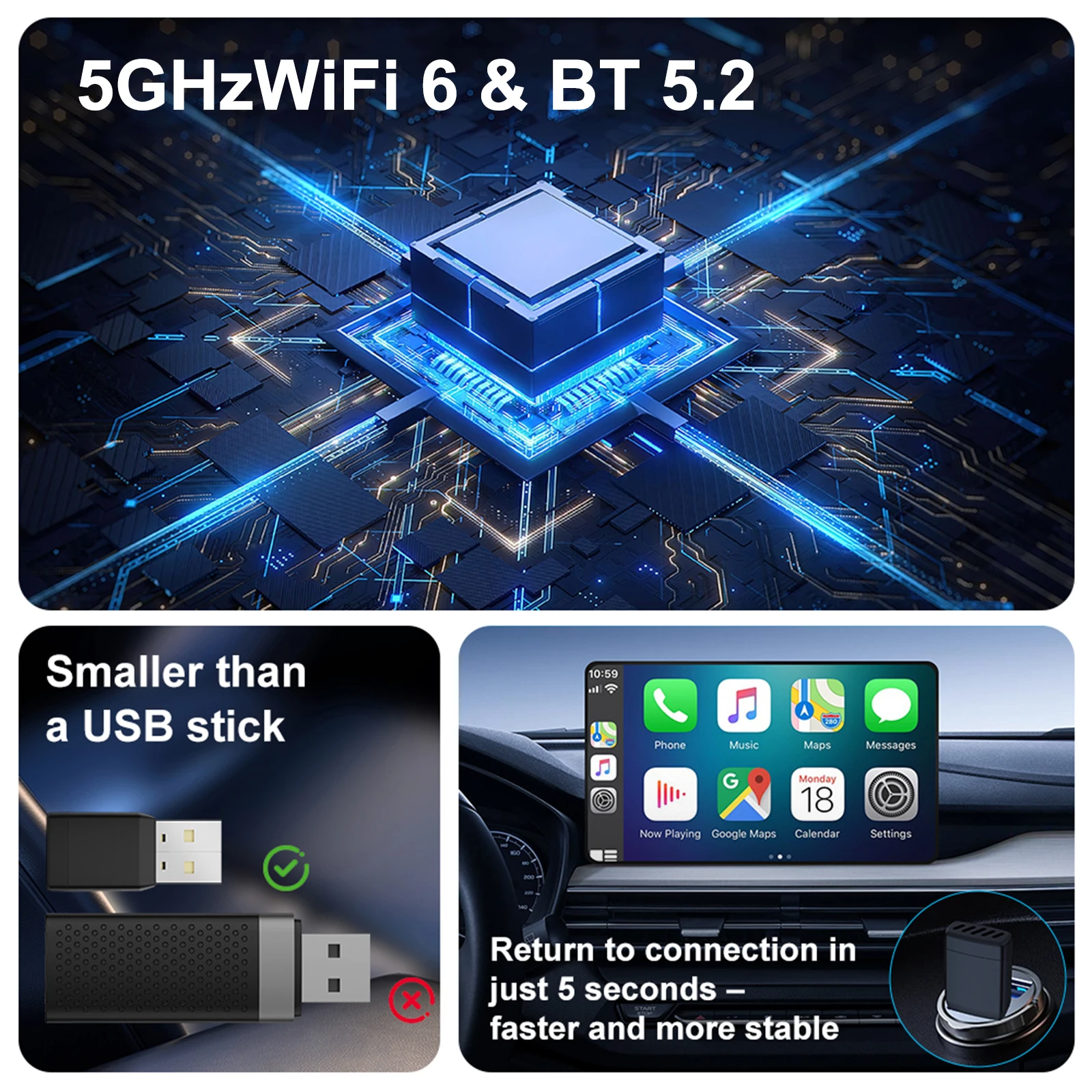 Wired To Wireless Carplay & Android Auto Car Intelligent Systems Voice Control 2 In 1 Dongle for Wired CarPlay Android Auto Cars