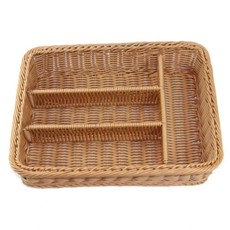 A84M-Kitchen Drawer Organizer Cutlery Storage Basket 4 Compartments Kitchen Forks Knifes Rattan Storage Tray