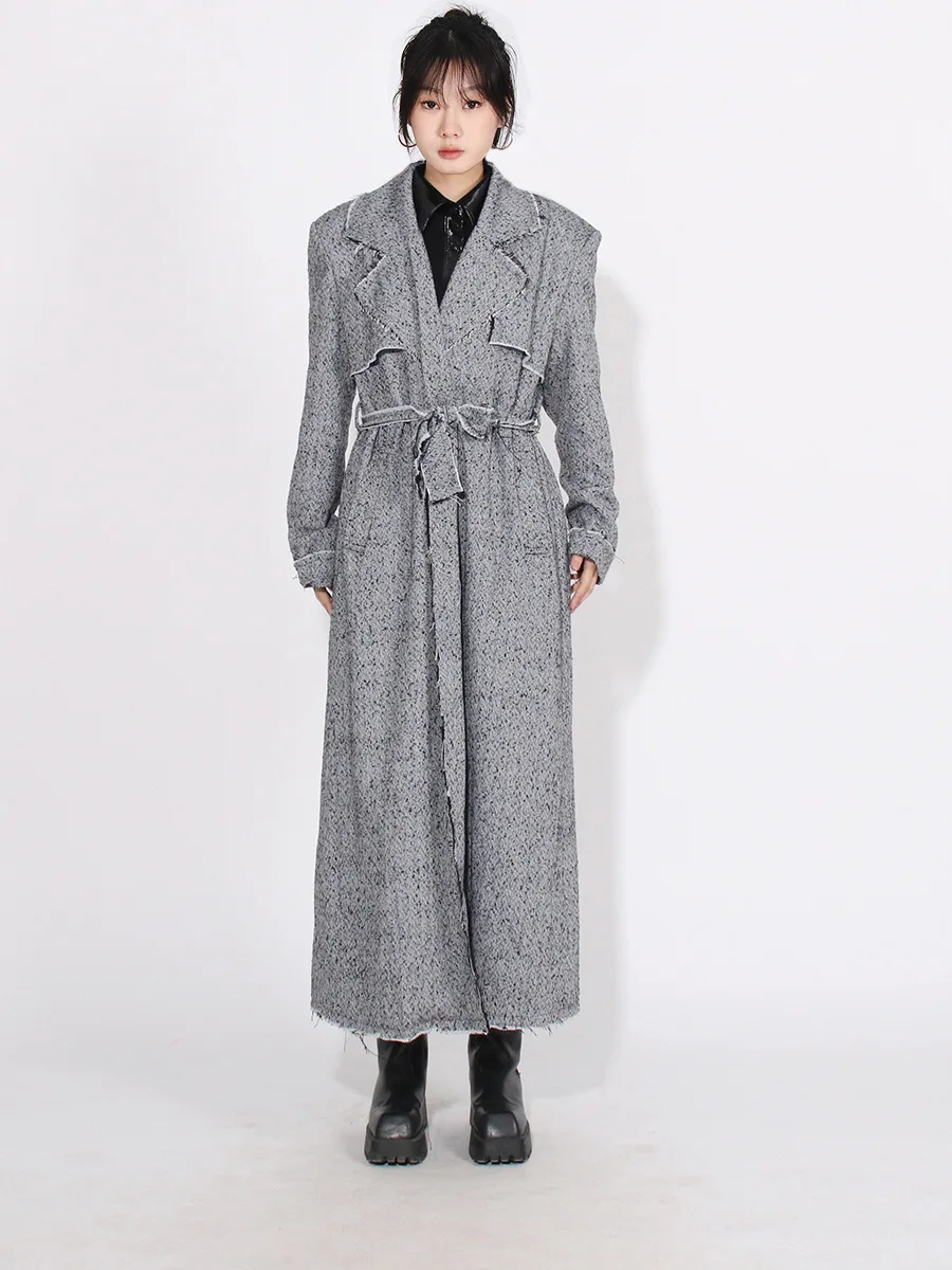 Trench coat longo feminino com renda para cima, jaqueta justa vintage, lapela longa, moda, 2024