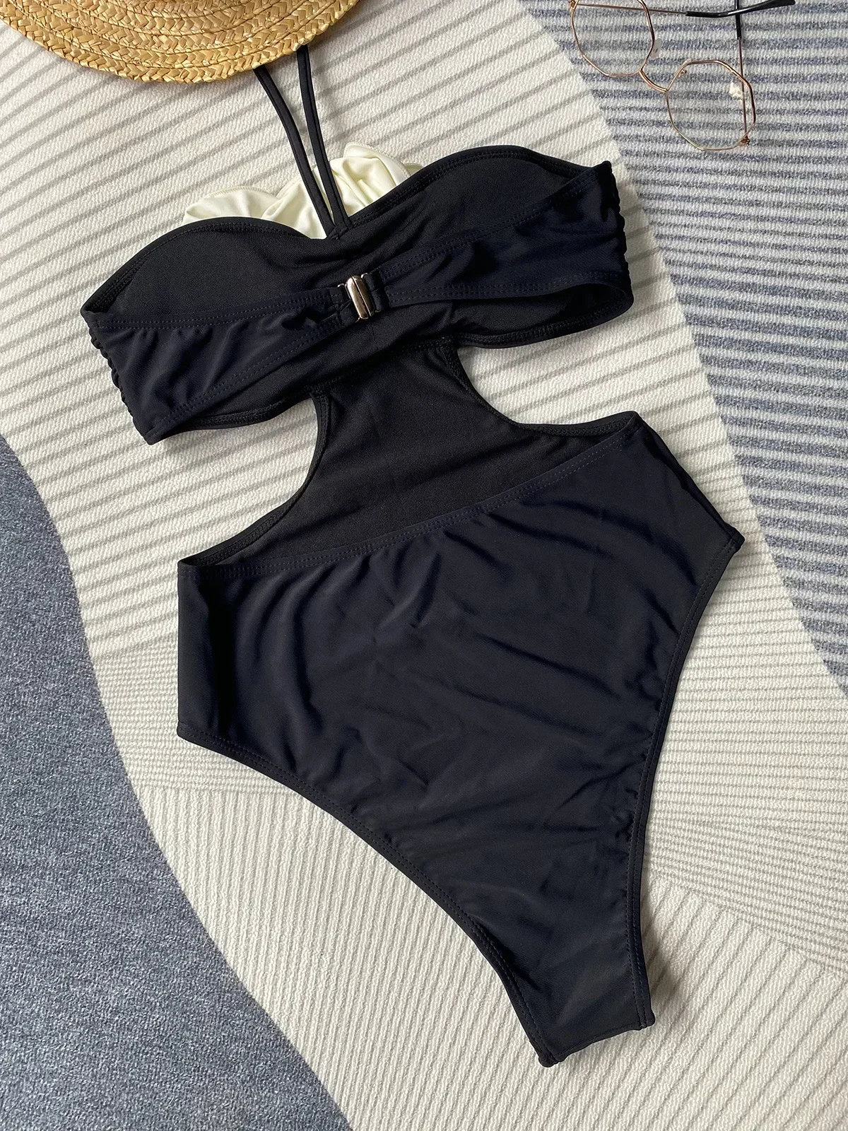 Sexy 3D Flower Halter Balck Swimwears Women One Piece Cut Out Swimsuit High Cut Bathing Suit Monokini Swimming Suit Beach Wear