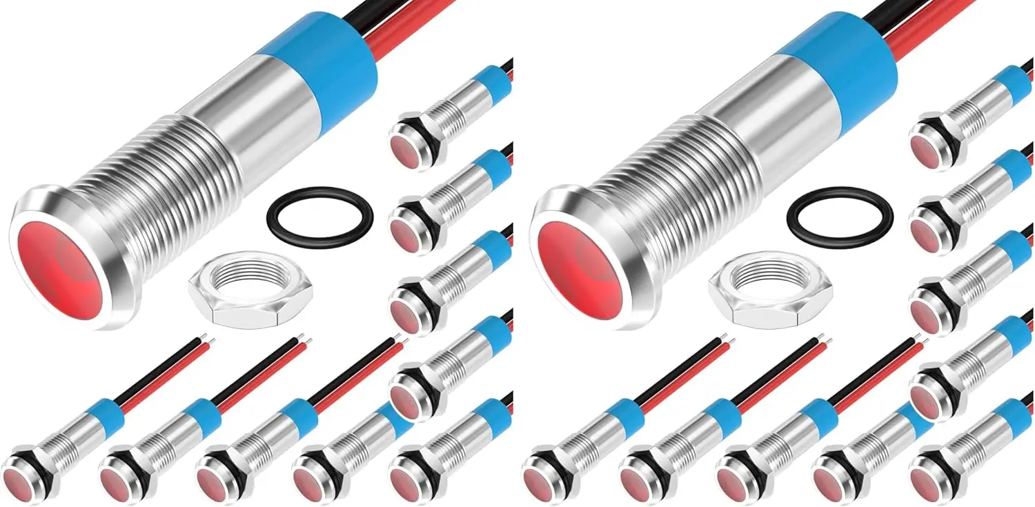 

12V Red LED Indicator Light, 6mm Metal Waterproof, Panel Mount with Wire for Automotive - 10Pcs (Pack of 2)