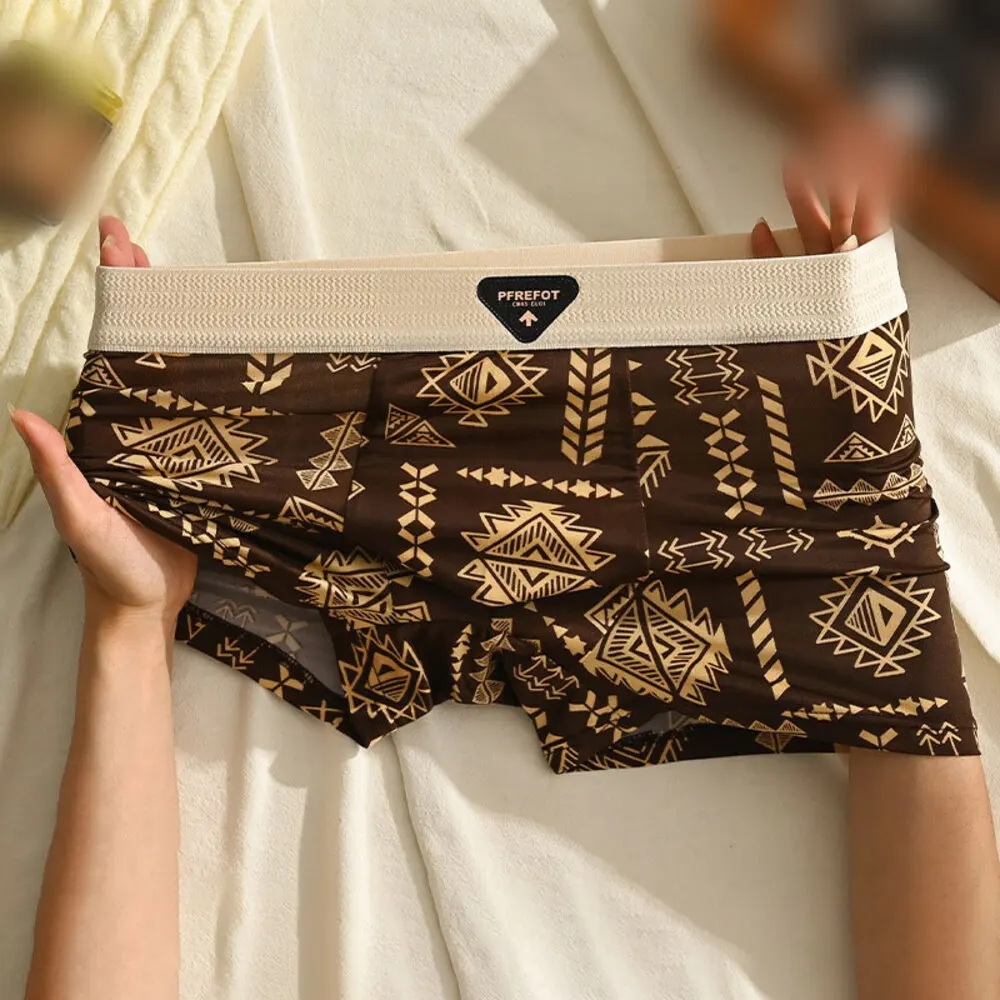 

Ice Silk Vintage Mid-Waist Ethnic Style Printed Pants With A Wide Waistband Mid Waist Elastic Underwear For Man