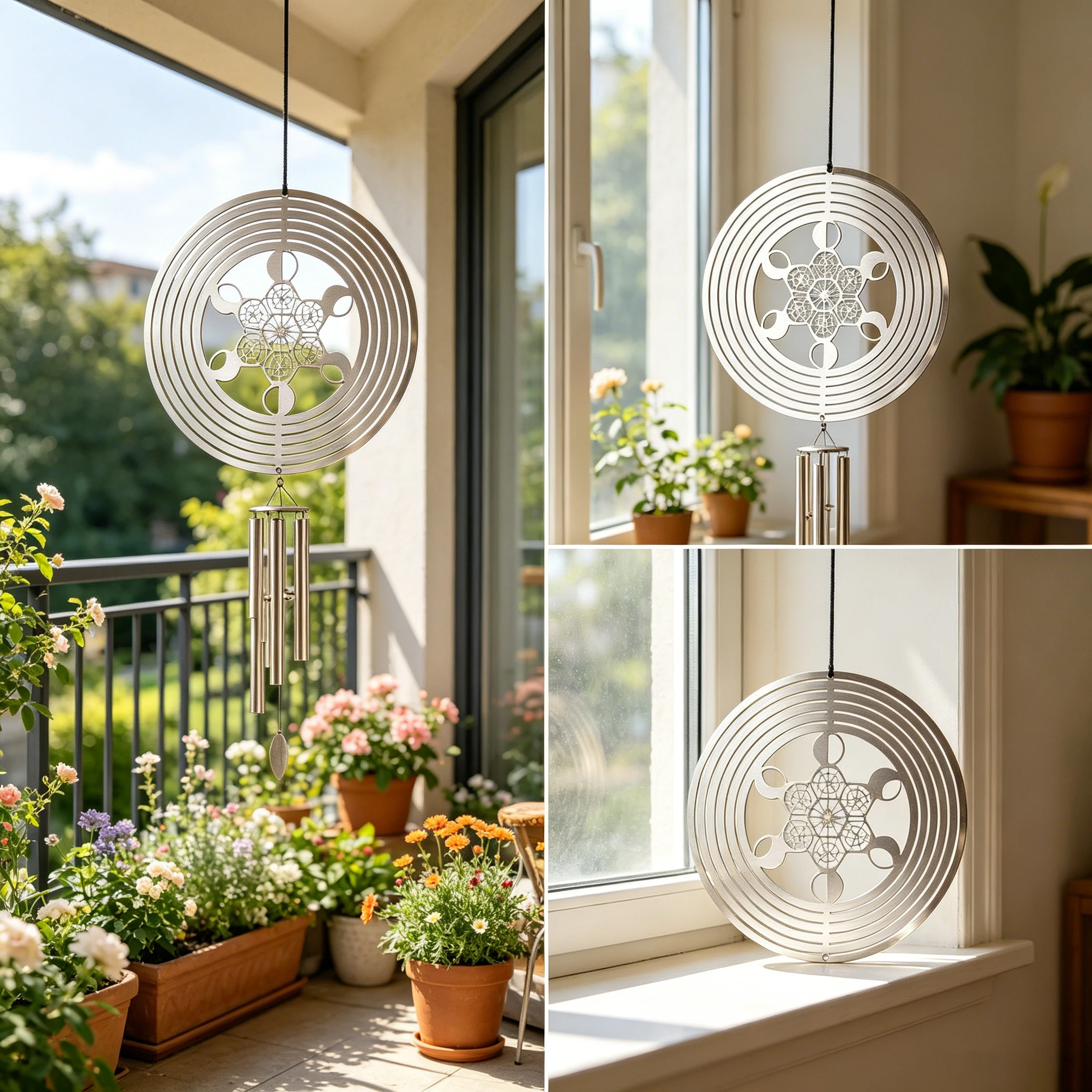 Sacred Geometry Hexagram Moon Phase Wind Spinner Mirror Stainless Steel Wind Chime Patio Home Energy Hanging Ornament Decor