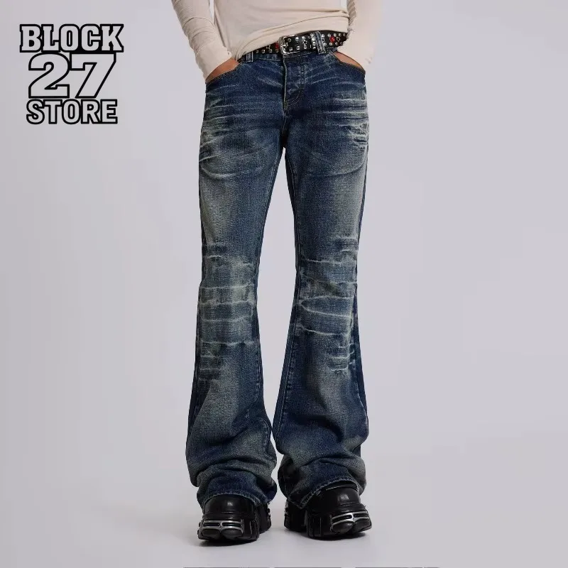 Mens Jeans Harajuku Y2K Streetwear Mid Blue Flared Denim Pants Vintage Washed Bootcut Wide Leg Loose Fit Gothic High Street New