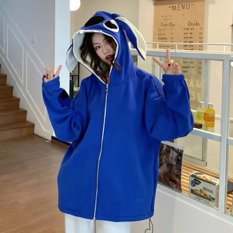 Star and Stitch Disney Klein Blue Hooded Sweater Kawaii Ins Student Trend Loose Anime Character Accessories Casual Clothing