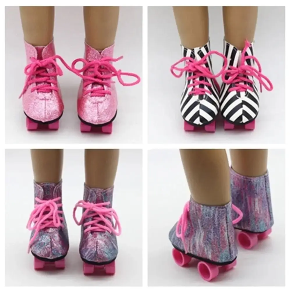 1 คู่ Glitter ตุ๊กตา Roller Skates แฟชั่น Mini ตุ๊กตา BJD Roller Skates สีชมพูที่มีสีสันสําหรับตุ๊กตาอเมริกัน 18 นิ้ว