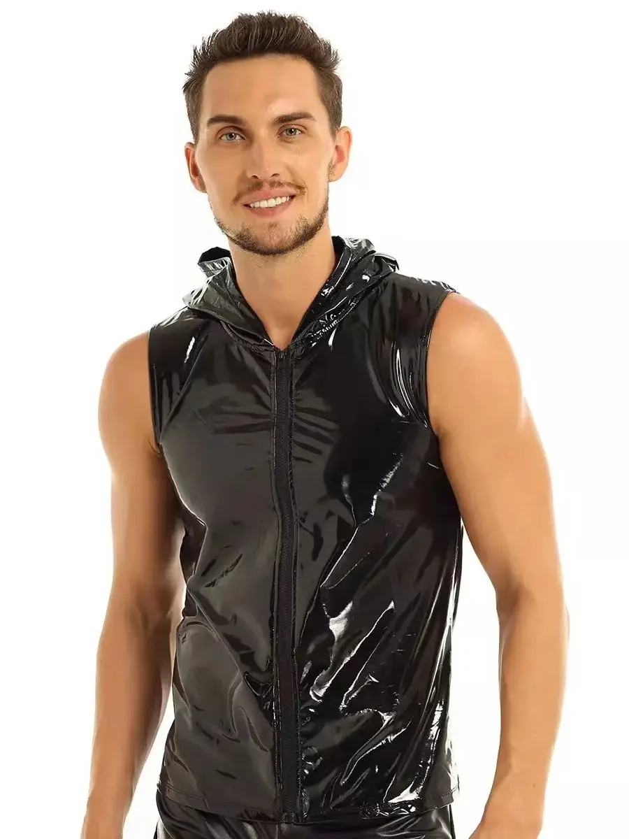 S-7XL Wet Look PVC Sleeveless Hooded Tank Top Men Shiny PU Leather Bodybuilding Clothes Tights Sexy Hot Shapers Shirt Tanktop