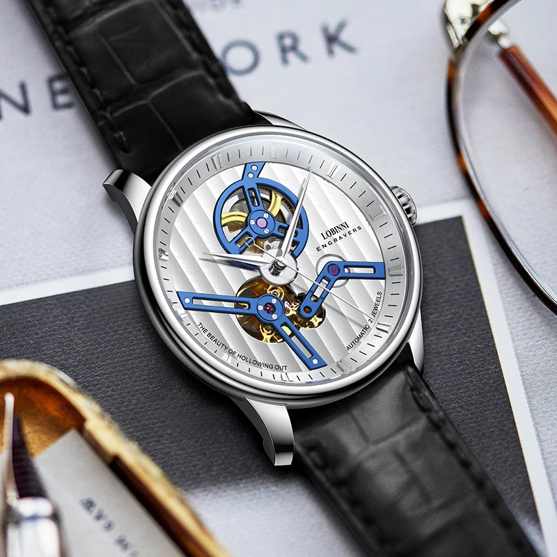 LOBINNI Mens Automatic Watches 41mm Mechanical Wristwatch Skeleton Dial 50M Waterproof Sapphire Butterfly Clasp ST16
