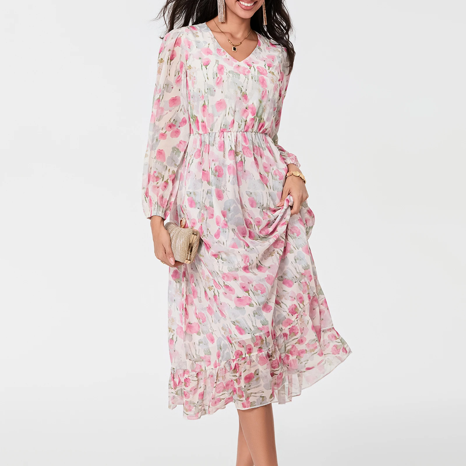 

Women's Long Flowy Dress Elegant Puff Sleeve V Neck Floral Print Ruffle Dress Belted Midi Dress