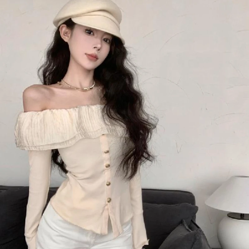 Slash Neck T-shirts for Women Off-shoulder Long Sleeve Tees Elegant French Style Feminine Sweet Ruffles Tops Chic Street Wear