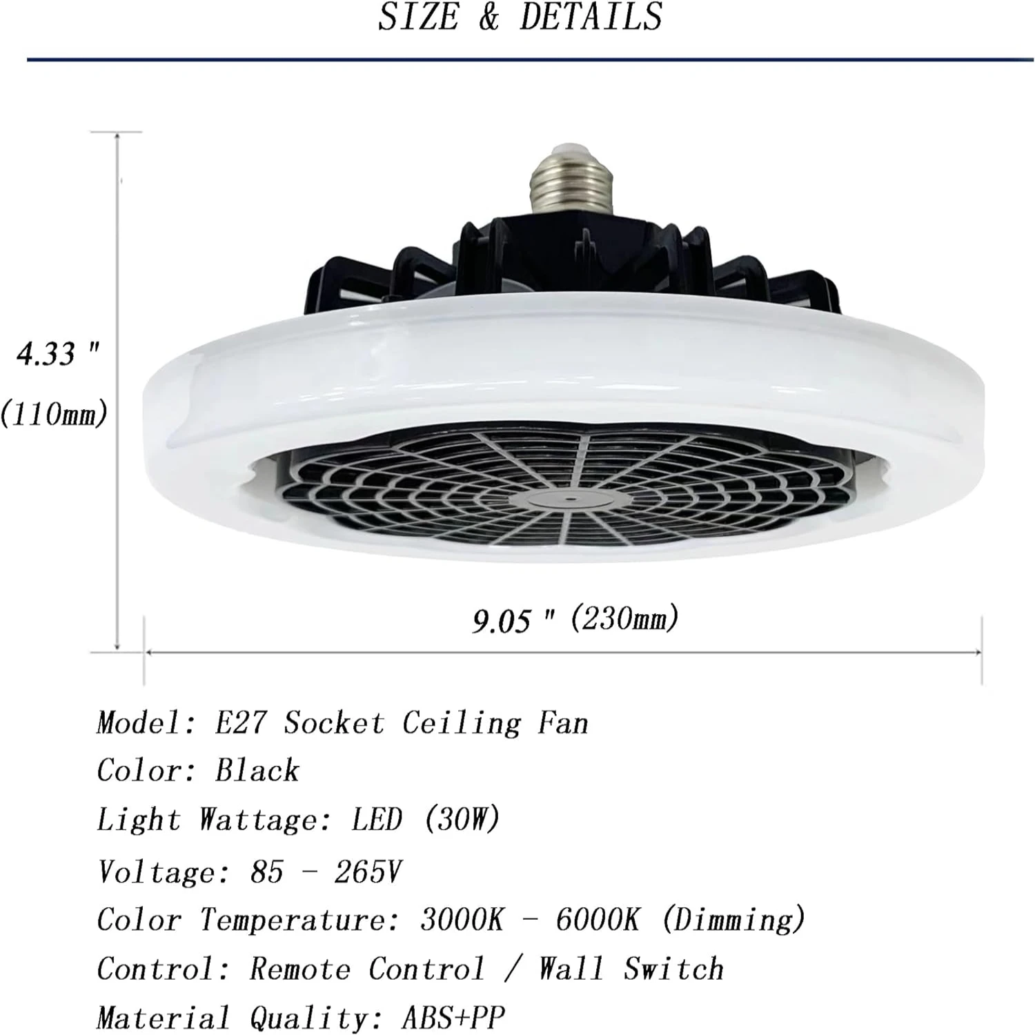 

Colorful Ceiling Fan Light Remote Control 20.5" E26/E27 Base Socket - Includes Screws - Stylish Fixture - Easy Installation - Pe