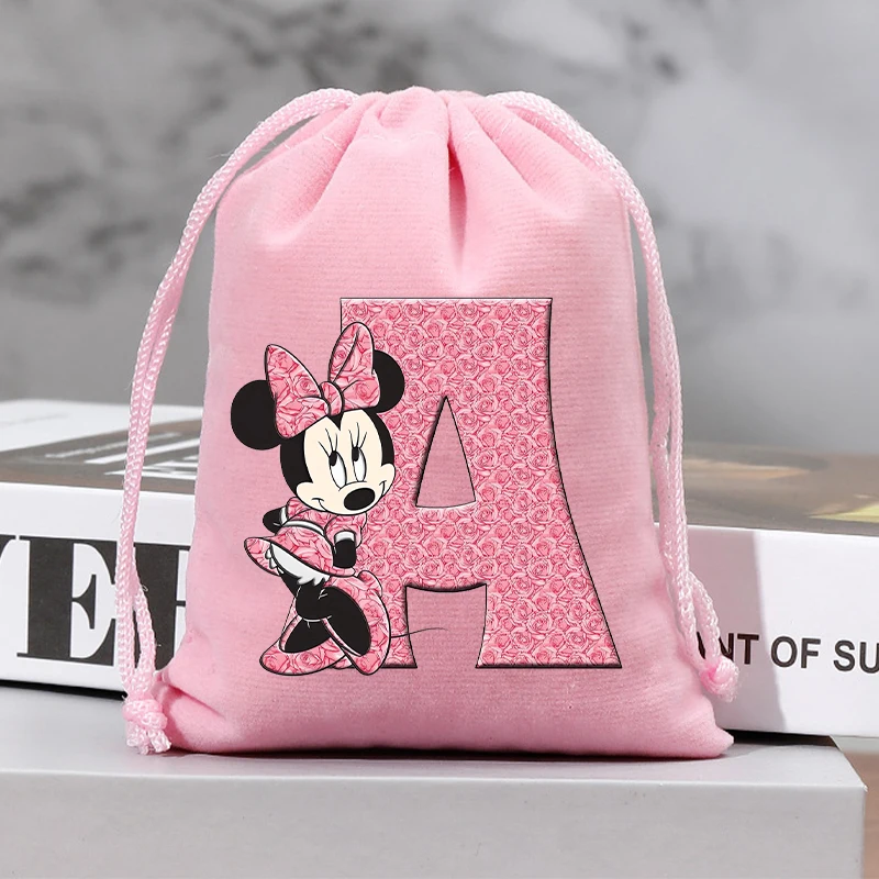 Disney Minnie Mouse Plush Drawstring Bag Kawaii Cartoon English Letter Printed Bags Large Capacity Storage Bag Christmas Gifts