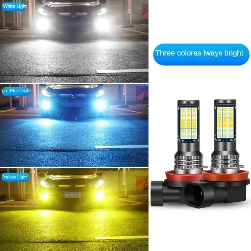 Car Led Fog Lamp with Flashing Red Green Pink Blue Super Bright H3 H8 H11 9006 9005 H7 Modified 3030 Three-Color  Fog Lamp Bulb