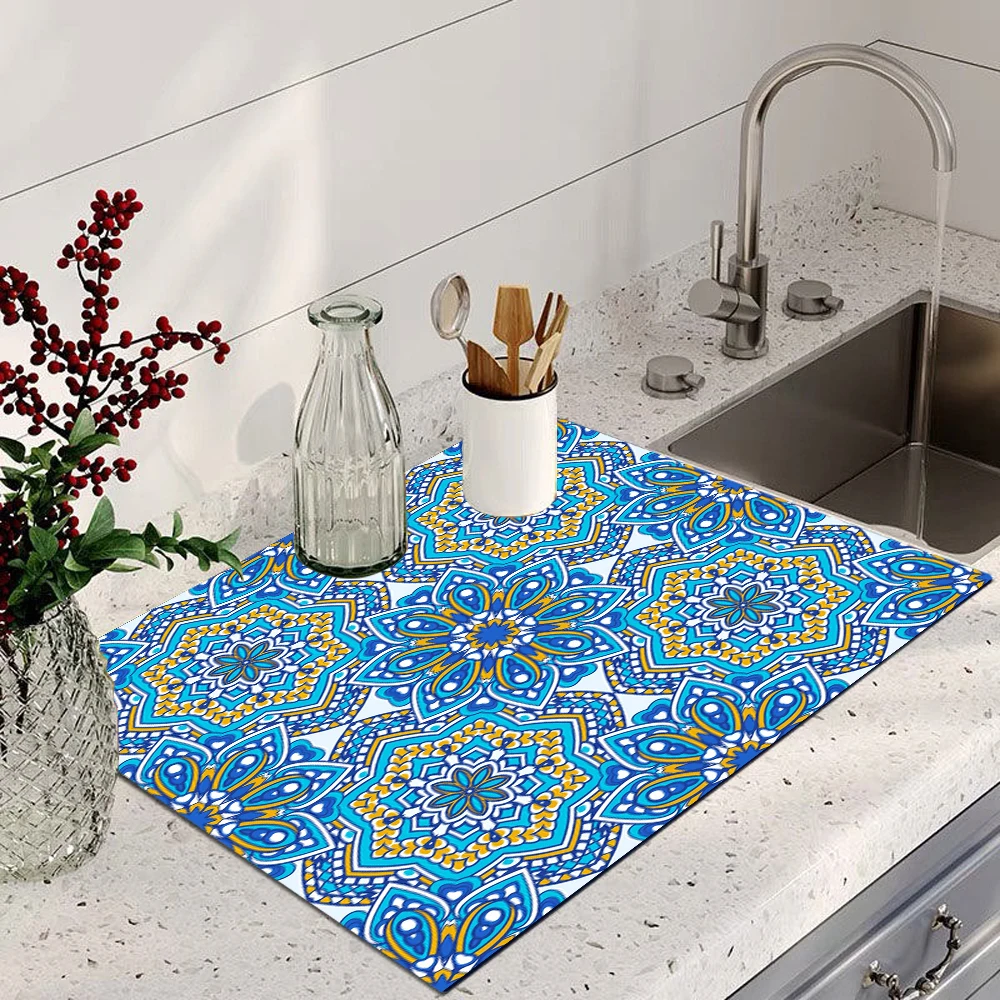 Retro Patterned Kitchen Countertop Mat Restaurant Drain Absorbent Pad Anti Mold Quick Drying Pad Non Slip Placemat Home Decor