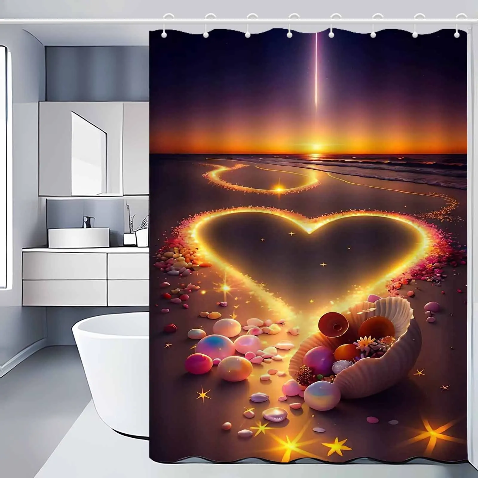 1pc Beautiful Aurora Love Beach Shell Pebble Shower Curtain, High End Elegant Bathroom Curtain, Bathroom Decoration Pattern