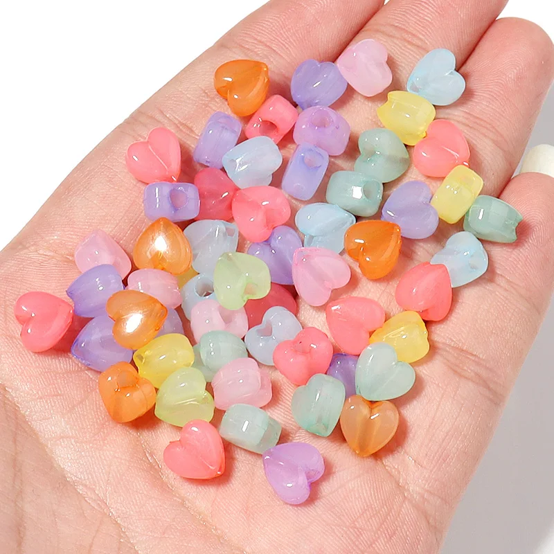 100pcs/lot Acrylic Jelly Colored Heart-shaped Large Hole Mixed Color Beads DIY Jewelry Bracelet Earring Decoration Accessories