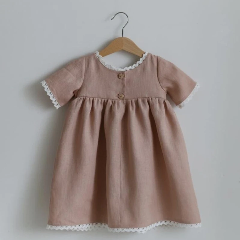 2022 Summer New European Style Baby Girls Lace Dress Short Sleeve Solid Cotton Linen Kids Dress Children Summer Clothes