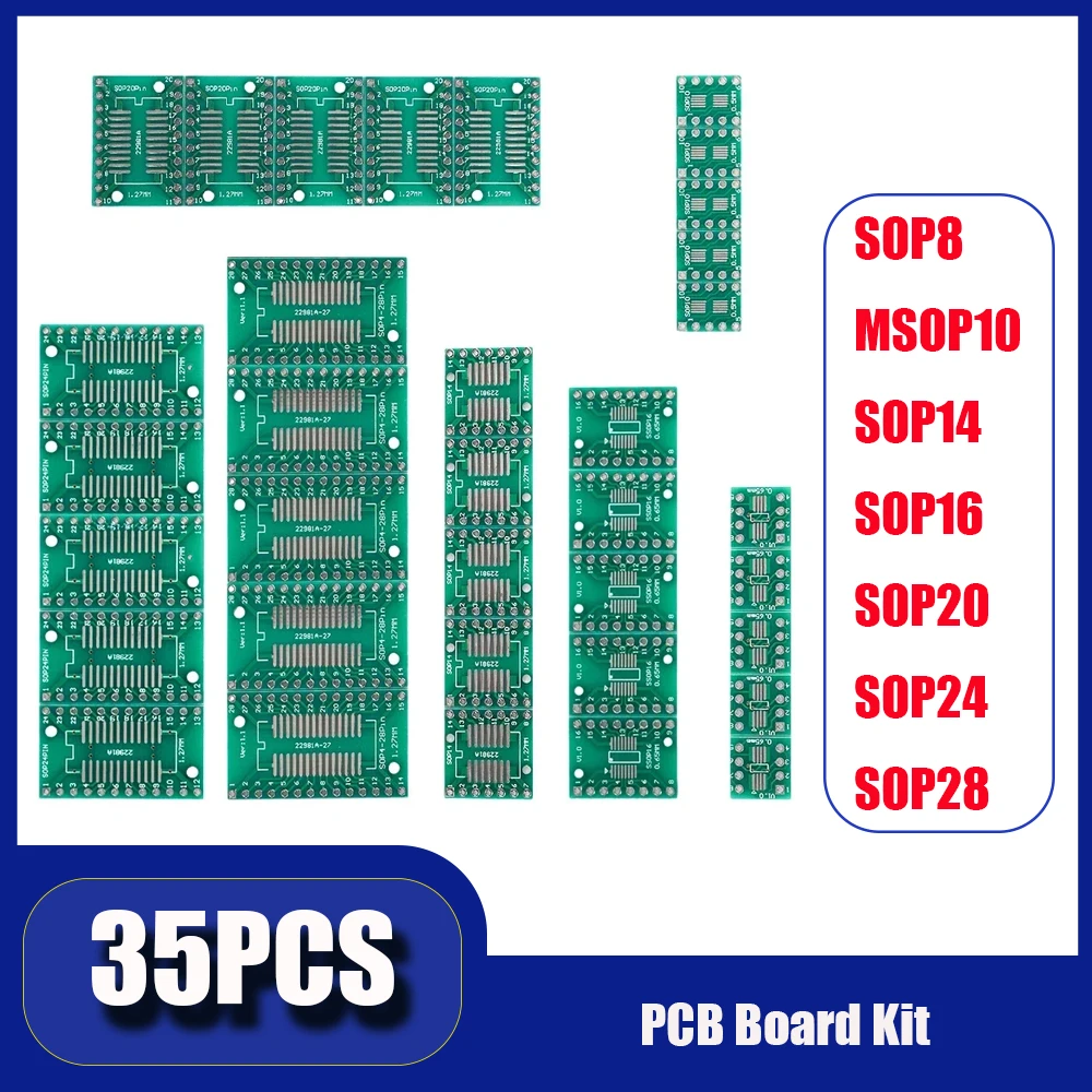 Комплект печатной платы 35 шт. MSOP10 SOP8 SOP14 SOP16 SOP20 SOP24 SOP28 SMD Переходник-переходник для DIP-адаптера SOP 10 8 14 16 20 24 28