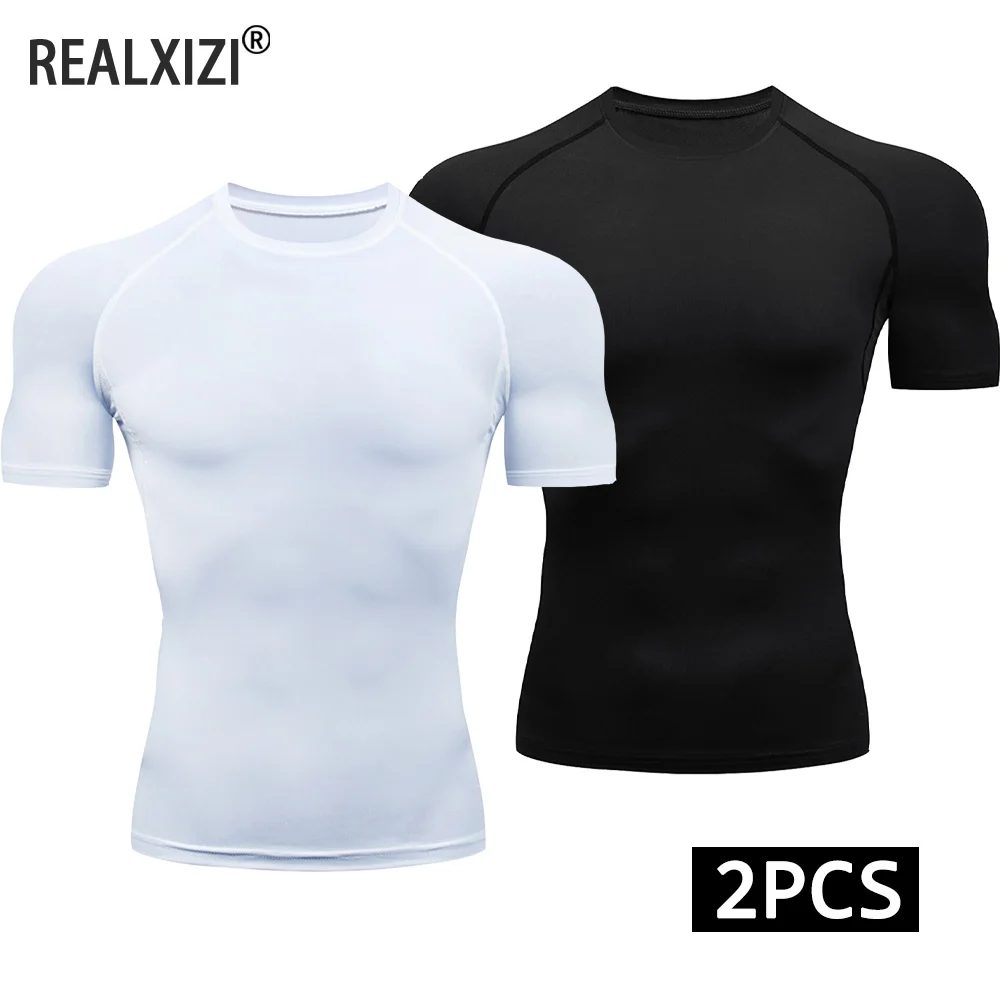 2-Piece Compression T Shirt Men Summer Sportswear Running T-shirt Elastic Quick Dry Sport Tops Athletic Gym Workout Shirts Men