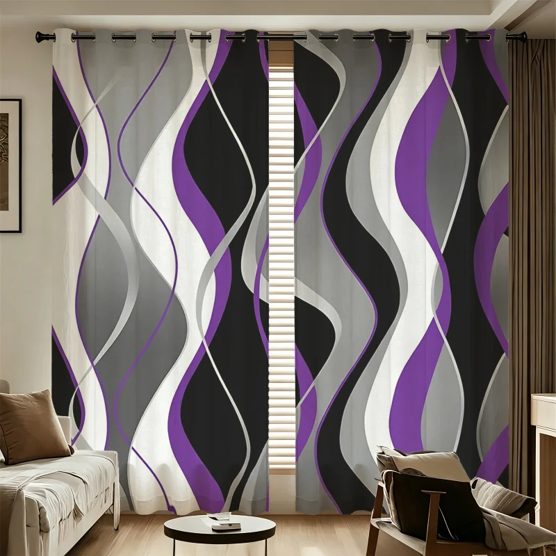 Printed Curtains 2 Panels Light Blocking Rate 85% Geometric Ribbon Wave Print Black Gray White Purple for bedroom window