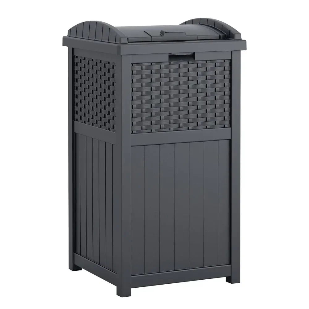 

Gallon Resin Outdoor Hideaway Trash Can, Features a decorative wicker-style design for a stylish addition to your outdoor space