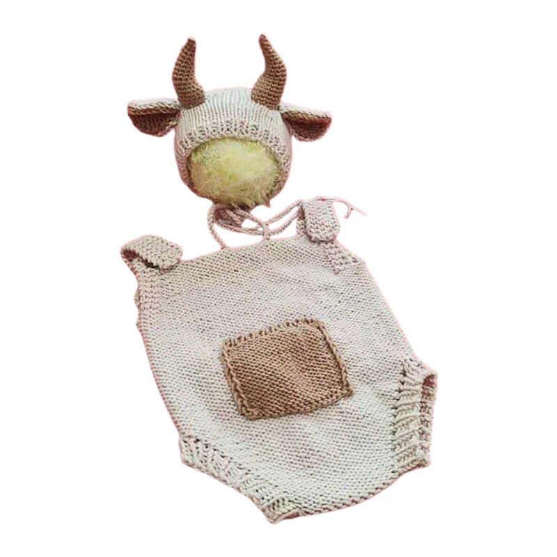 2 Pcs Baby Knitted Cow Ears Hat Romper Set Newborn Photography Props Jumpsuit Infants Photo top quality