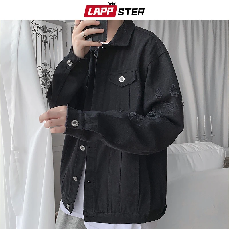 LAPPSTER Vintage Hole Black Jean Jacket 2023 Y2k Streetwear Autumn Denim Jackets Coats Men Korean Fashions Windbreaker Jackets