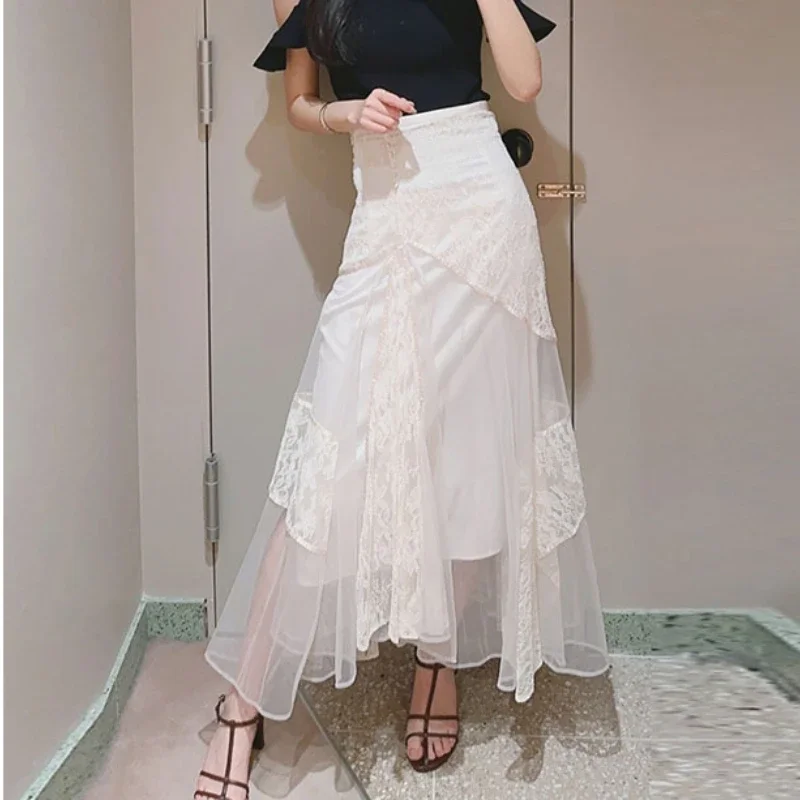 

WAKUTA 2024 Summer High Waist Mid-length Skirts Japan Gentle Slim Fit Falda Sexy Mujer Women Sweet Irregular Tulle Lace Jupe