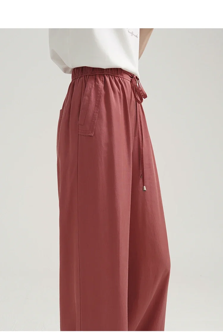 Summer Wide Leg Pants Women High Waist Drawstring Loose Fit Long Trousers Lightweight Breathable Soft Cooling Casual Wear Outfit
