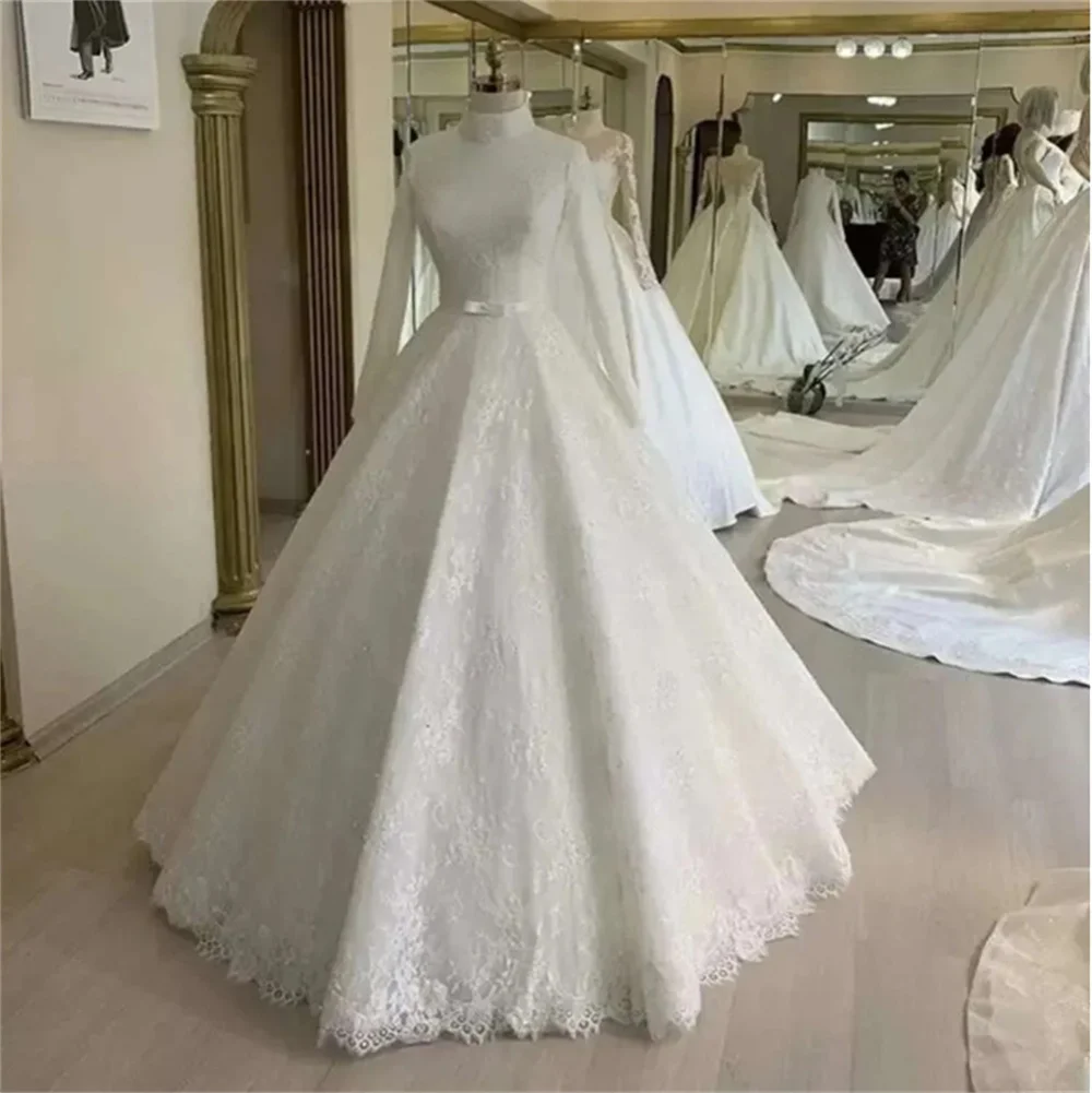 

Luxury Muslim Wedding Dress High Neck Long Sleeves Lace Appliques New Bridal Gown A-Line Tulle Arab IslamVestidos de novia 2024