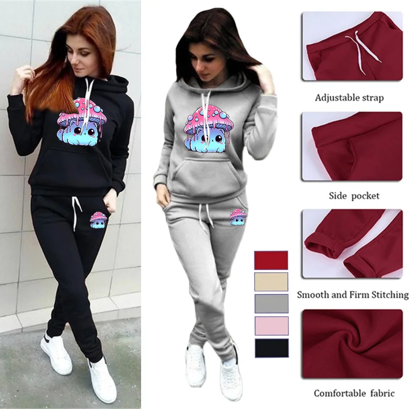 Damen Herbst/Winter Hip Hoo Lässiges Cartoon-Pilz-Druck-Sweatshirt mit Rundhalsausschnitt + Jogginghose-Set – warme Kleidung