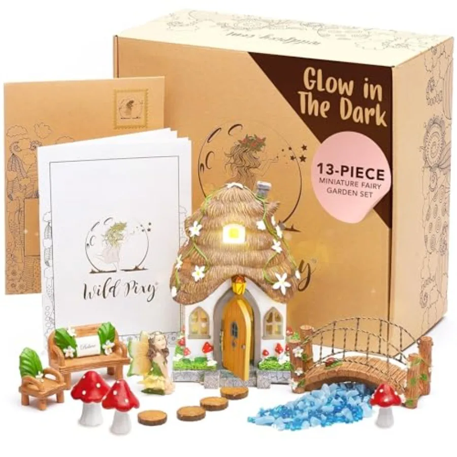 Fairy Garden Kit - 13 Piece Glow in The Dark Accessories with 7.1" Outdoor Fairy House with Opening Door and Solar LED Light Ga
