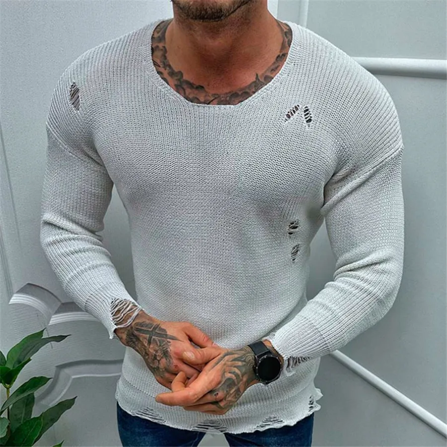 

White Men's Clothing Casual Ripped Sweaters Autumn Round Neck Tops Thin Long Sleeve Knitwear Hip Hop Streetwear Male Pullovers