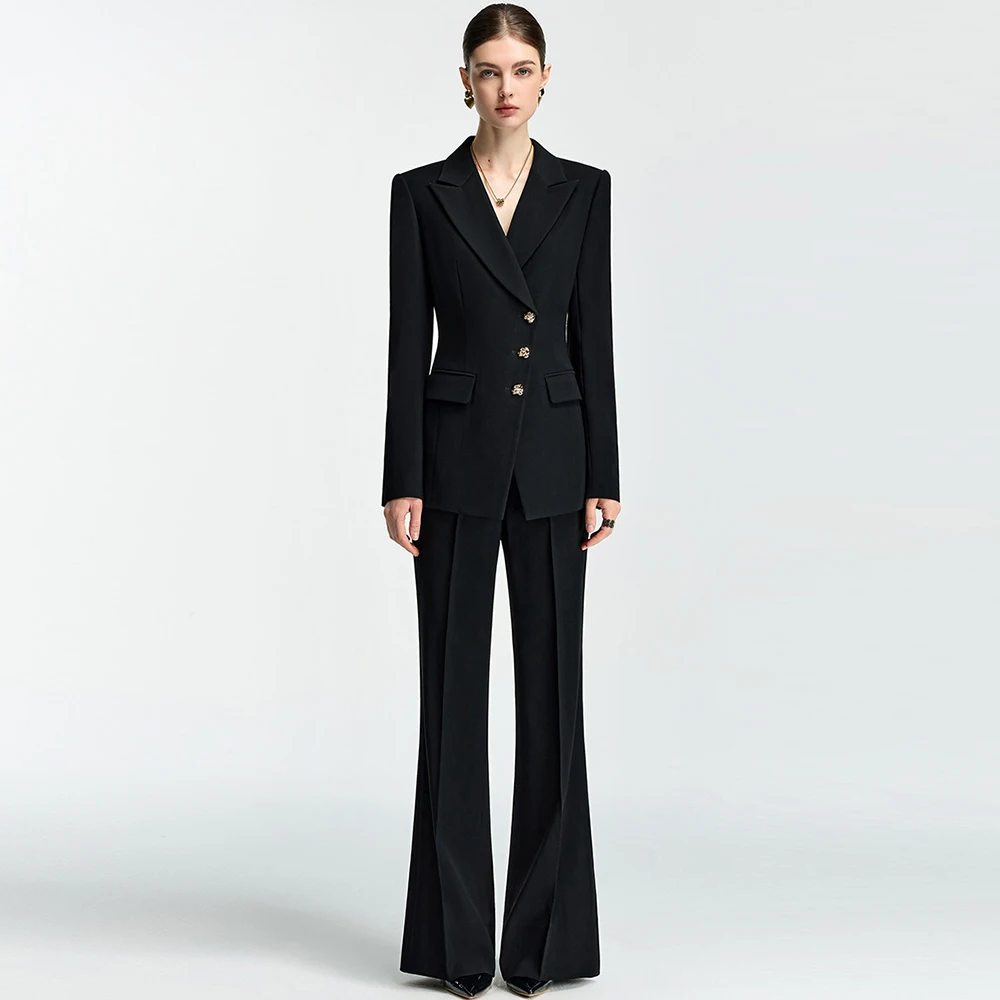 

Классический черный женский костюм с расклешенными брюками, комплект из двух предметов, роскошный минималистичный стиль для офиса, модная одежда для работы, женский пиджак.