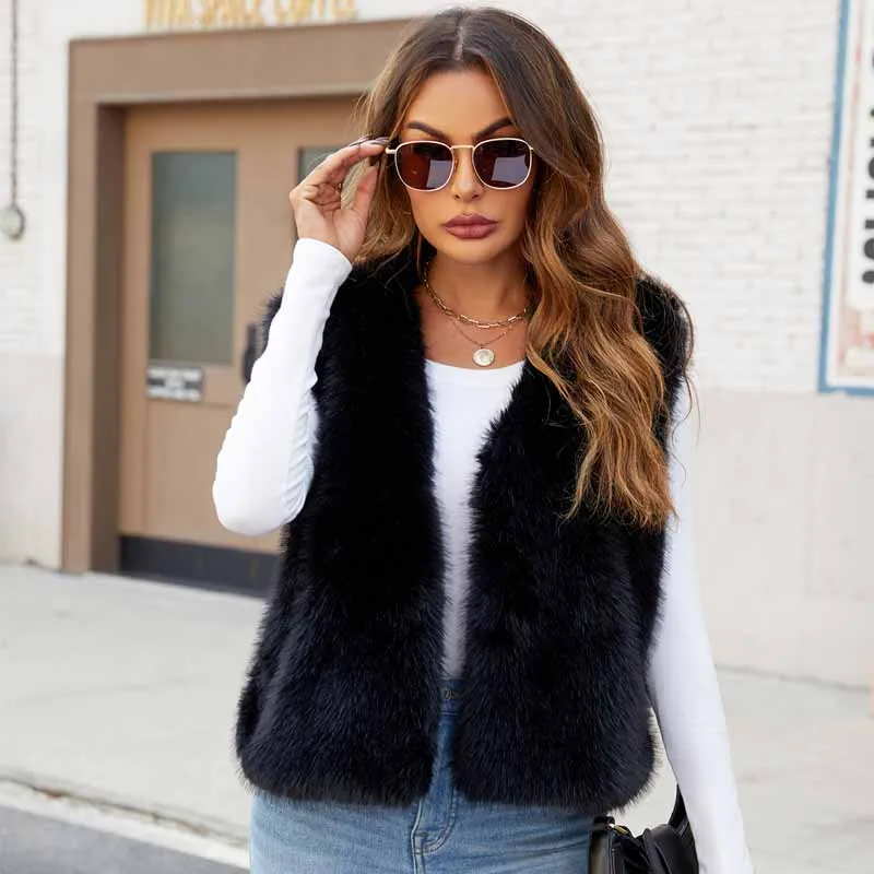 Women V Neck Faux Fur Vest Sleeveless Short Fluffy Furry Gilet Winter Warm Waistcoat Casual Outerwear Ladies Furry Vest