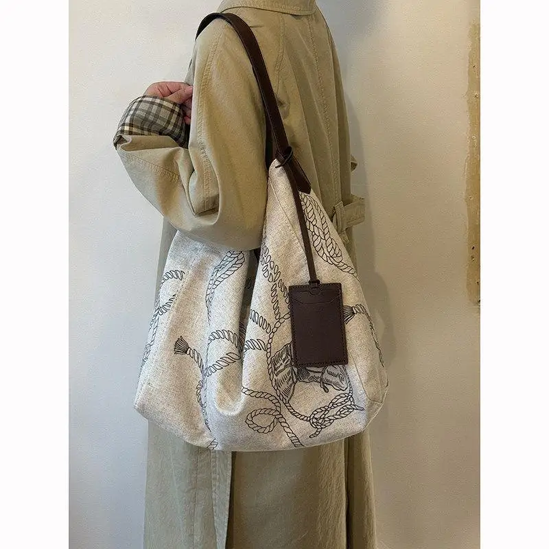 2026 Large Capacity Linen Retro Printed Canvas Bag, Women's New Relaxation Tote Bag, Casual Commuter Shoulder Bag