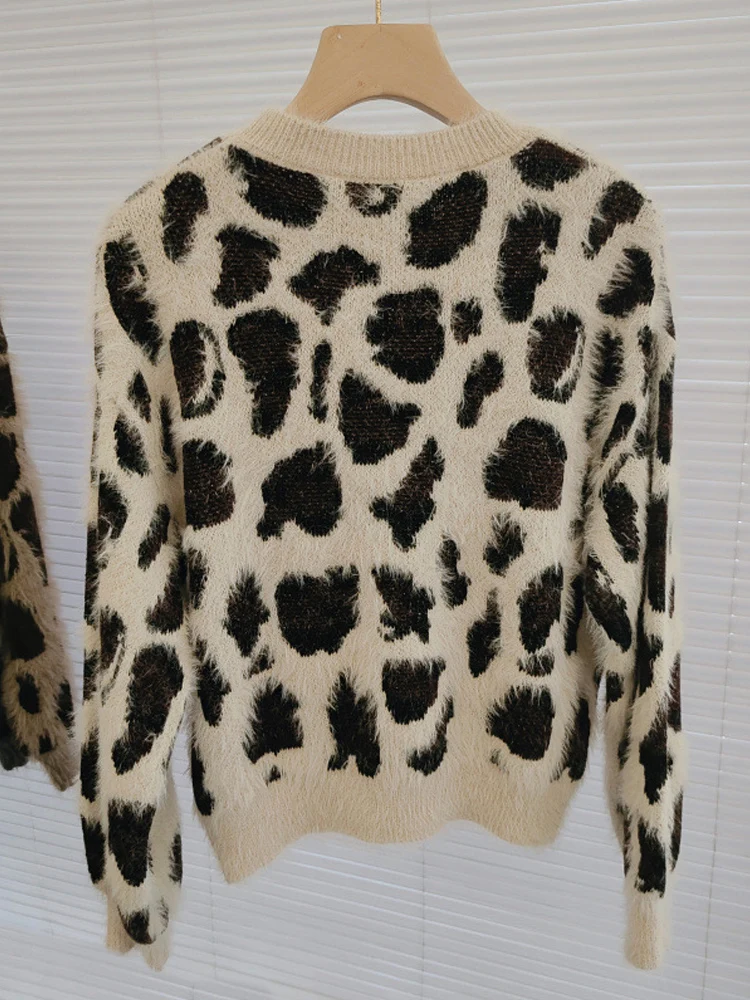 DGLUKE 2024 New Leopard Sweater For Women Round Neck Long Sleeve Mink Cashmere Sweater Winter Warm Cozy Sweater Cropped  Jumper