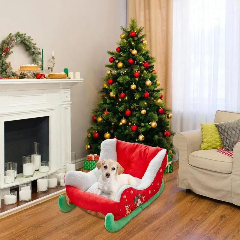 Christmas Cat Dog Bed Cute Sleigh Pet Bed  Fluffy Soft Cat Bed Pet Cushion Comfortable Pet Couch Cat Bed for Pet Dog Puppy Cat