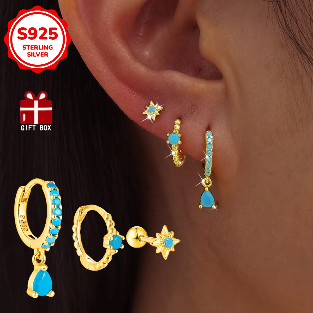 

3 шт. S925 серебряные серьги-капли гипоаллергенные ювелирные изделия с бирюзовым фианитом стильный минималистичный дизайн восьмиконечной звезды