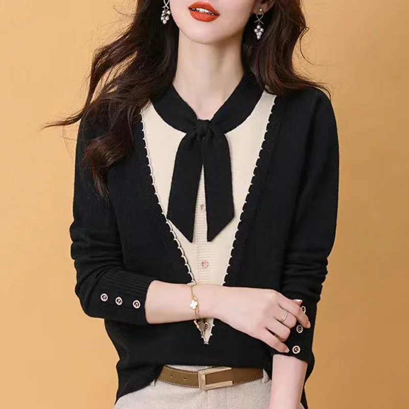 Suéter de punto empalmado con cuello en V para mujer, ropa con lazo, jerséis casuales, Tops falsos coreanos de dos piezas, moda de otoño, 2023