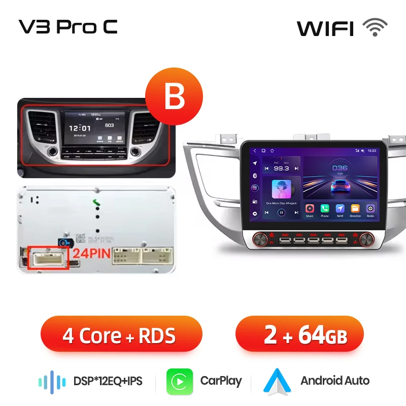 Junsun 13.1″ QLED draadloze CarPlay Android Auto autoradio voor Hyundai Tucson 3 2015-2018 Intelligente systemen DSP SWC RDS GPS FM