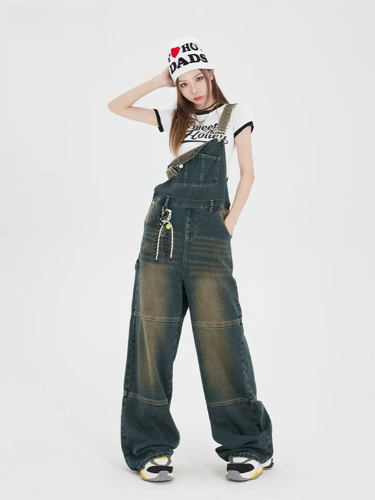 

Выцветшие широкие комбинезоны в стиле ретро, женские джинсовые джинсы с высокой талией, смесь хлопка и полиэстера, износостойкие длинные брюки, осень-зима, N...