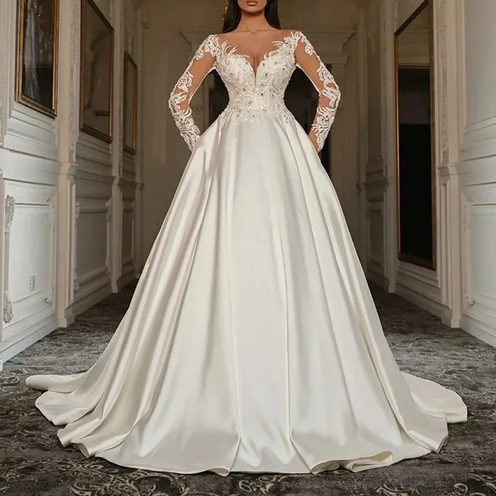 

Princess Illusion Neck Long Sleeve Lace Sequins Beaded Wedding Dress Backless Long Sleeve Bridal Dress with Train Custom Made