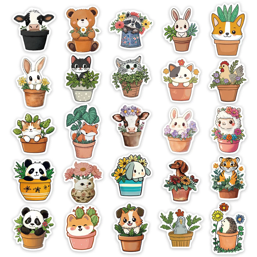 10/30/50 قطعة أصيص زهور لطيف ملصقات الكرتون الجمالية Kawaii بوعاء الحيوان الشارات الإبداعية اللعب DIY بها بنفسك الغيتار المحمول الهاتف ملصق