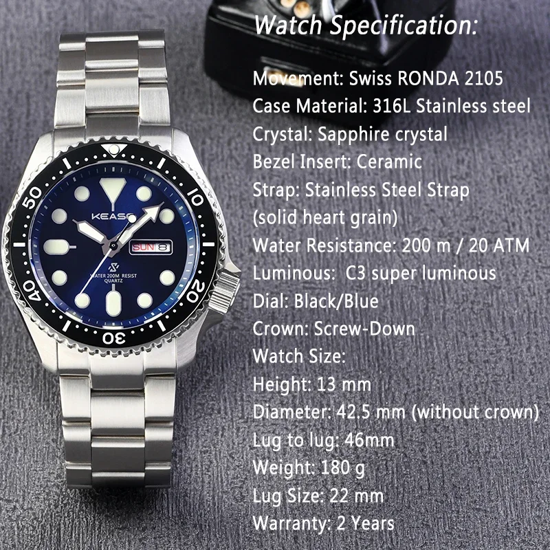 HEIMDALLR Men Watch Swiss MIYOTA 2105 Quartz Movement Double Calendar Diver 200M Waterproof C3 Super Luminous Sapphire Wristwatc