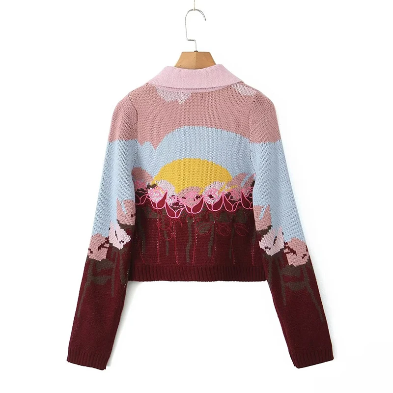 YENKYE 2024 Women Contrast Color Print Short Knit Cardigan Long Sleeve Lapel Collar Female Casual Autumn Sweater Outerwear