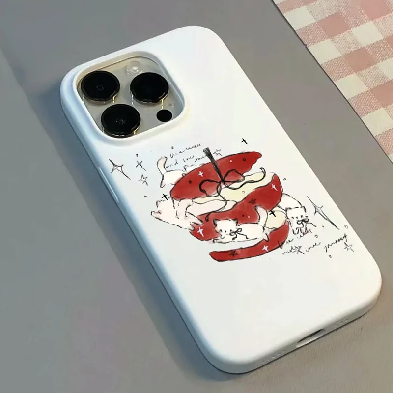 Korean Creative Apple Cat Bow Phone Case for IPhone 15 14 11 12 13 Pro Max Geometric Cute Retro Phone Case for IPhone XR XS MAX