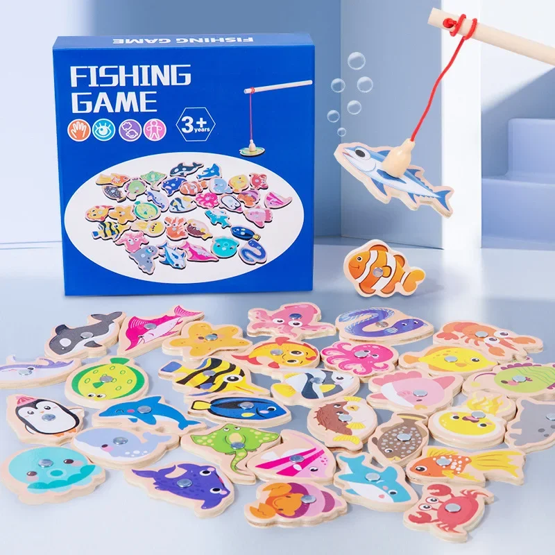 Fishing Toys Wooden Magnetic  Cartoons Marine Creatures Cognitive Games Education Parent-Child Interaction Kids Gifts