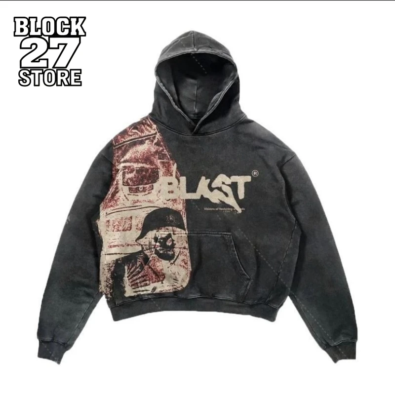 Hoodie Men Streetwear Letter Explosion Print Sweatshirt Skull Design Retro Harajuku Y2K Style Casual Loose Fit Trend Fashion New